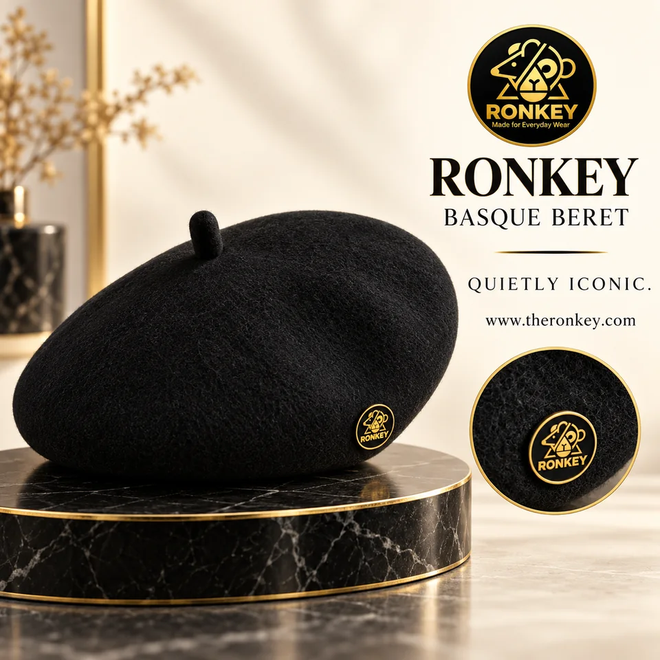 RONKEY plain Basque-style beret with a small black-and-gold logo badge. — representative concept visual