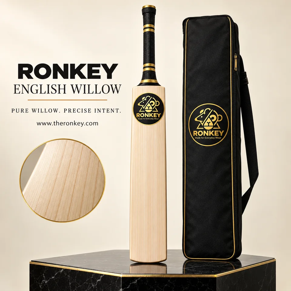 RONKEY Premium English Willow Cricket Bat with RONKEY logo and black luxury bat cover. — representative concept visual