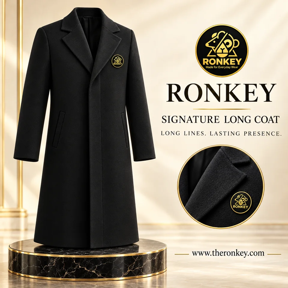 RONKEY Signature Long Coat with small RONKEY chest logo in a luxury studio presentation. — representative concept visual