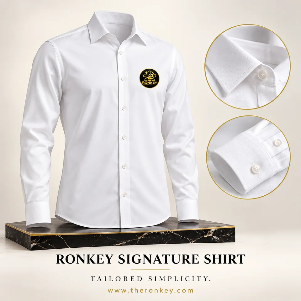 RONKEY Signature Shirt with small RONKEY chest logo in a luxury studio presentation. — representative concept visual