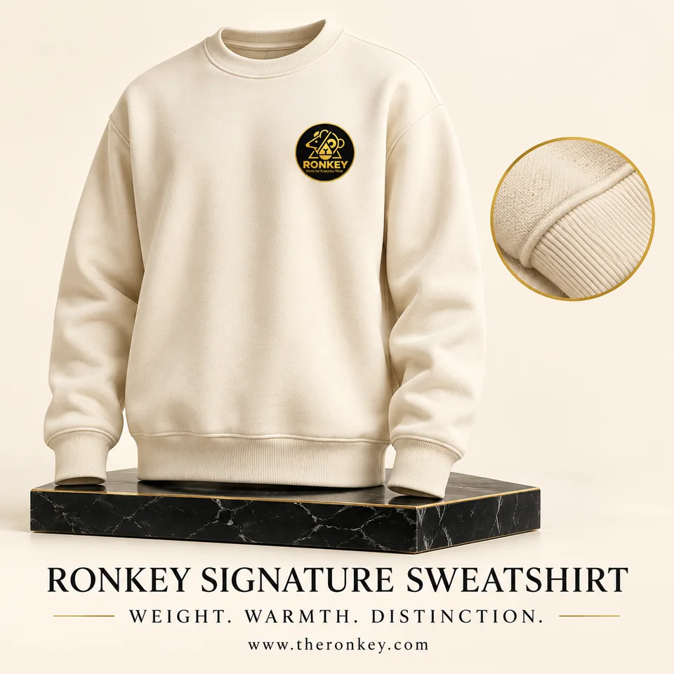 RONKEY Signature Sweatshirt with small RONKEY chest logo in a luxury studio presentation. — representative concept visual