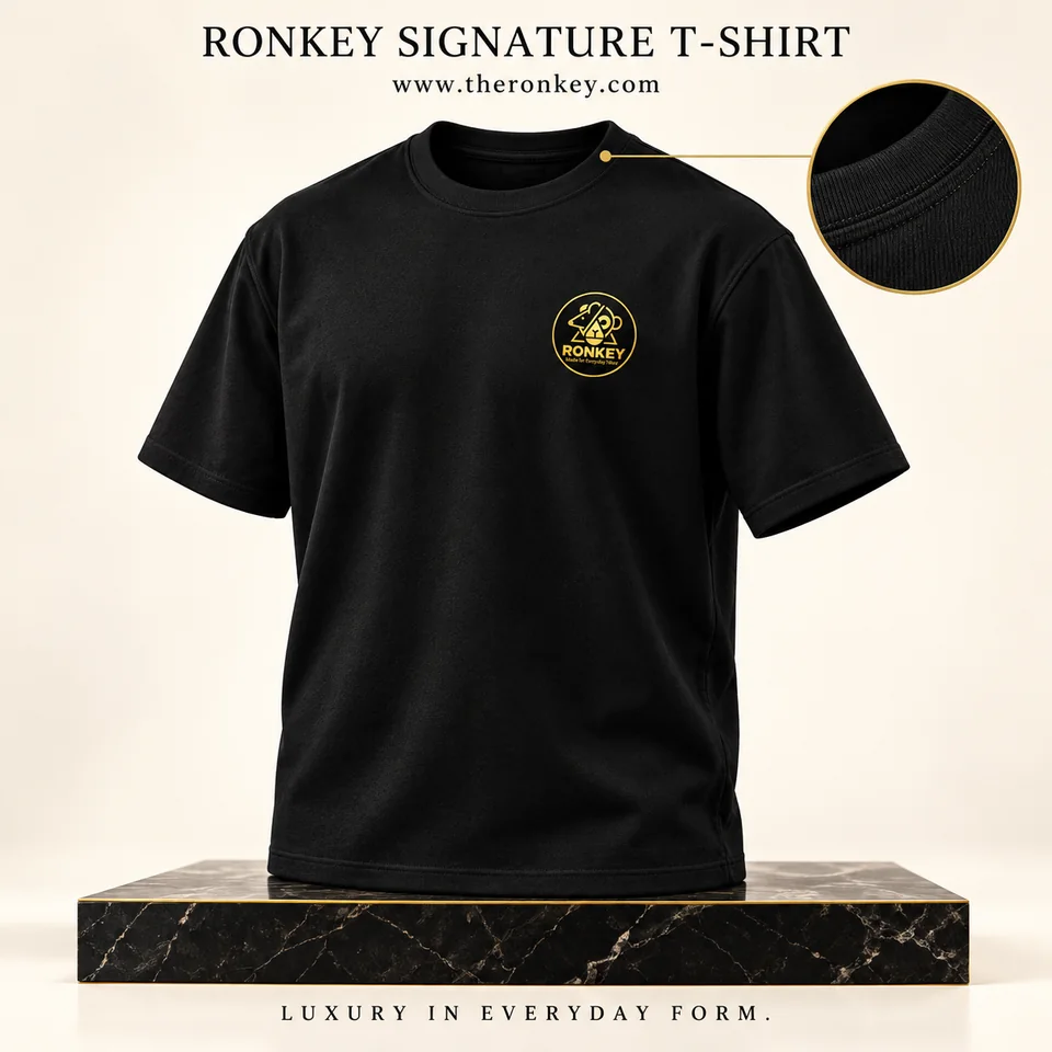 RONKEY Signature T-Shirt with small RONKEY chest logo in a luxury studio presentation. — representative concept visual