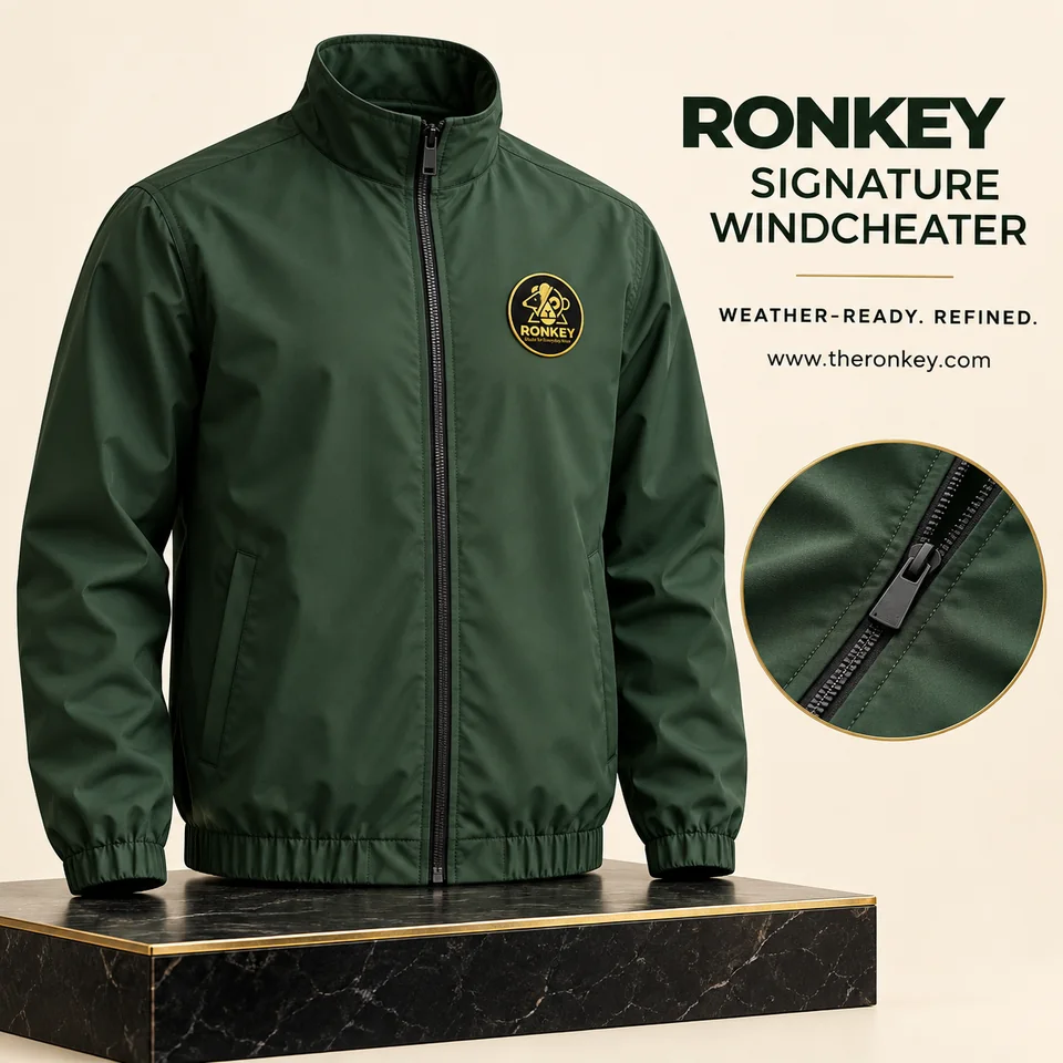 RONKEY Signature Windcheater with small RONKEY chest logo in a luxury studio presentation. — representative concept visual